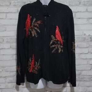 Tiara International Cardinal Beaded Winter Embroidered Zipper Sweater Womens Med